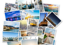 collage of photos with famous travel destinations on white background