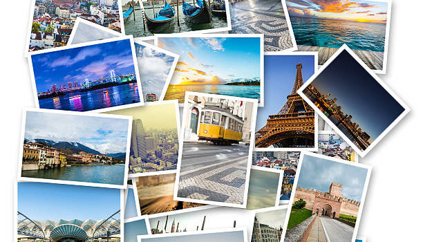 collage of photos with famous travel destinations on white background
