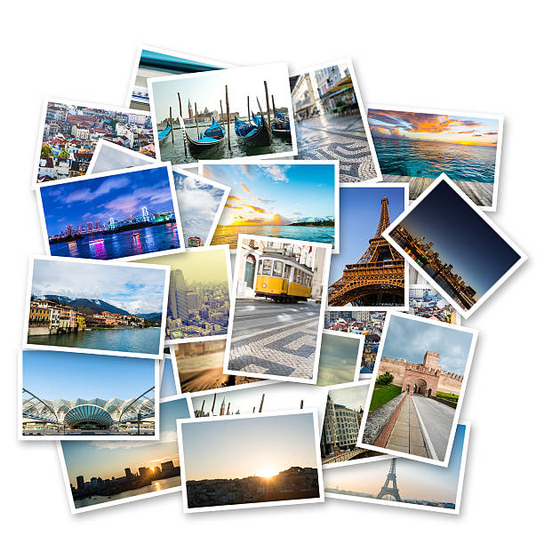 collage of photos with famous travel destinations on white background