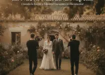 Pareja de novios caminando de la mano por un jardín rústico al atardecer, mientras dos videógrafos los graban desde ambos lados. La escena muestra una boda con estética editorial y documental, en un entorno natural con una casa antigua al fondo, luz cálida y ambiente íntimo.