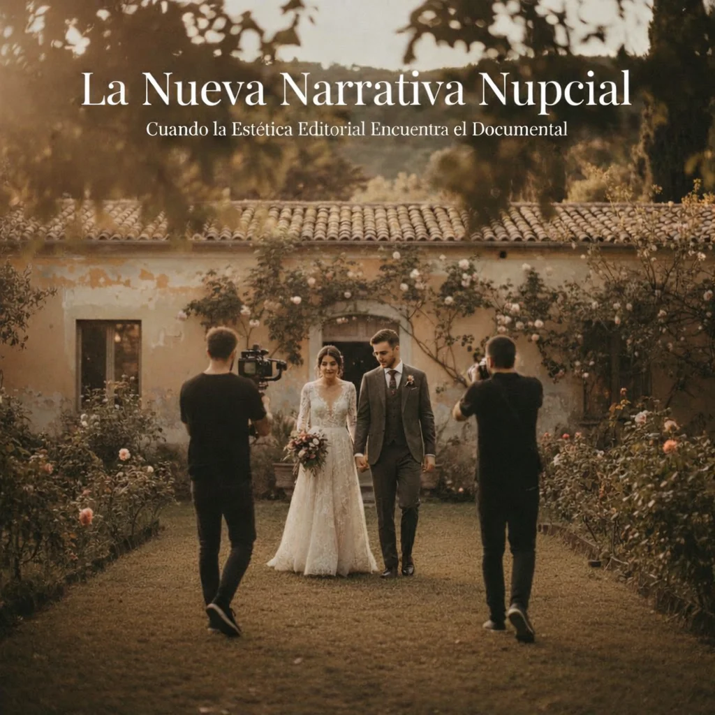 Pareja de novios caminando de la mano por un jardín rústico al atardecer, mientras dos videógrafos los graban desde ambos lados. La escena muestra una boda con estética editorial y documental, en un entorno natural con una casa antigua al fondo, luz cálida y ambiente íntimo.